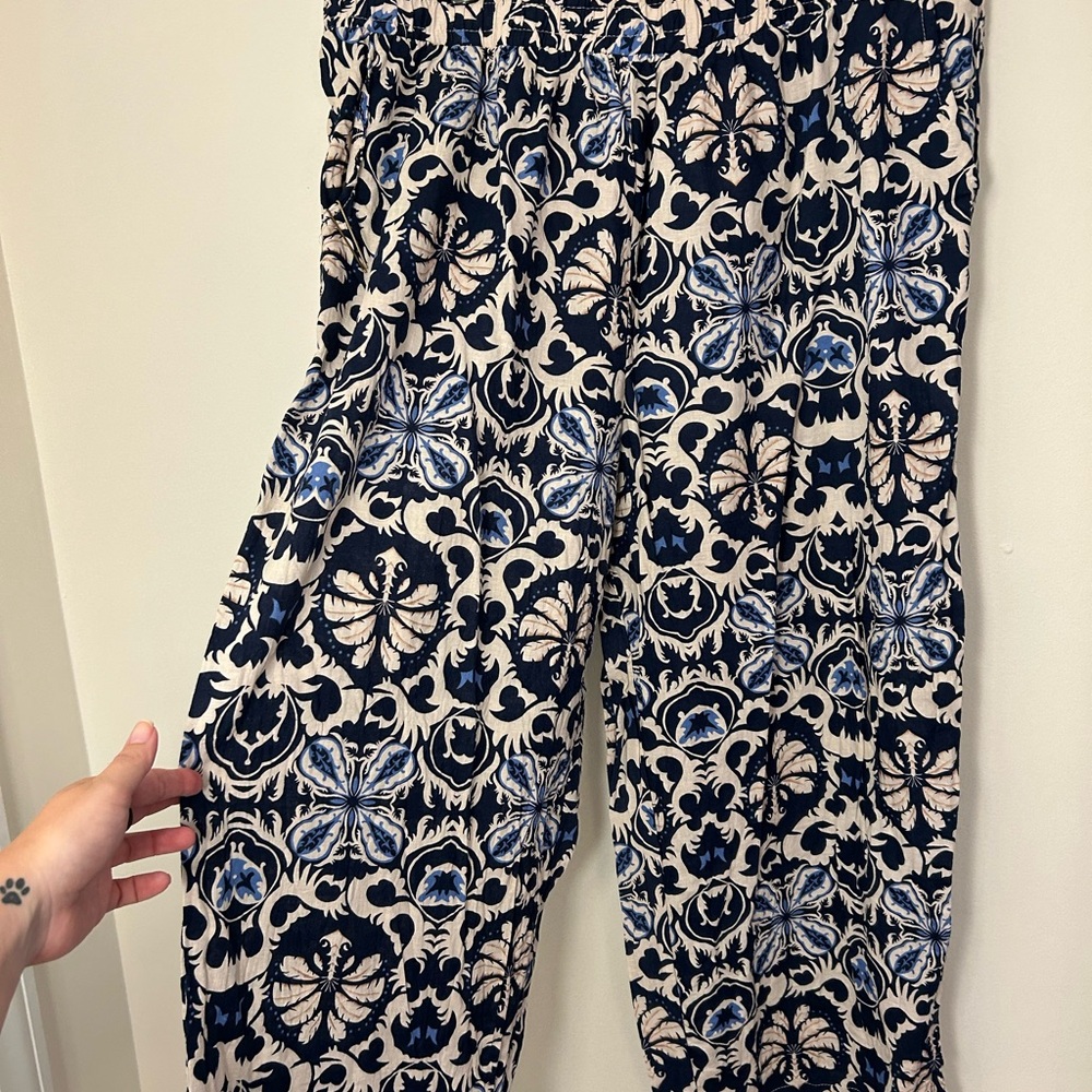 Rachel Zoe Floral Pattern Wide Leg Pants - Navy and Cream